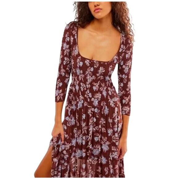 Free People Size Large It's Fate Midi Dress Brown Floral Boho EUC - Picture 1 of 4